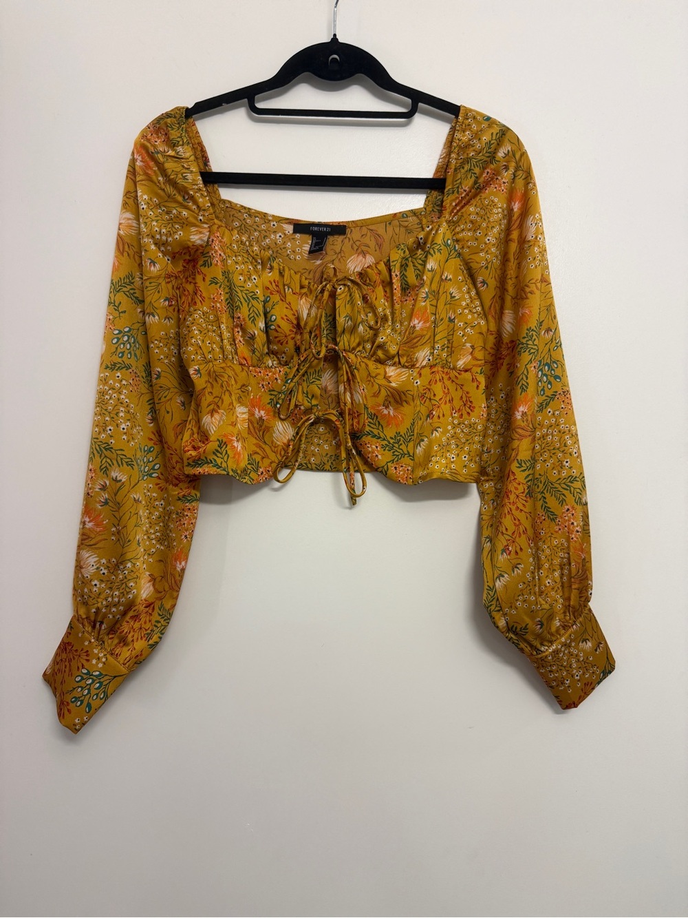 Forever 21 Mustard Floral Tie-Front Cropped Peasant Top